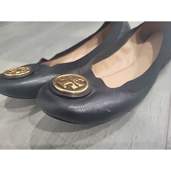 Tory Burch Caroline 2 Ballet Flats in Black Leather Gold Logo, Size 7 M - Picture 6 of 6